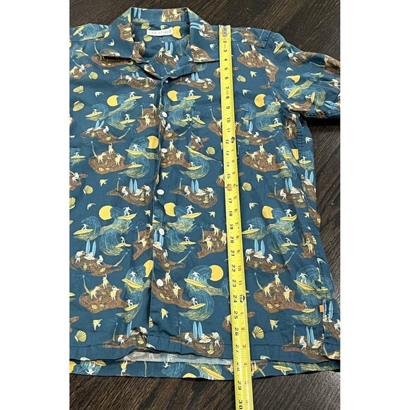 Far Afield Shirt Men’s 2 Medium Hawaiian Floral Hula Surfer Blue Green Aloha - Picture 7 of 8